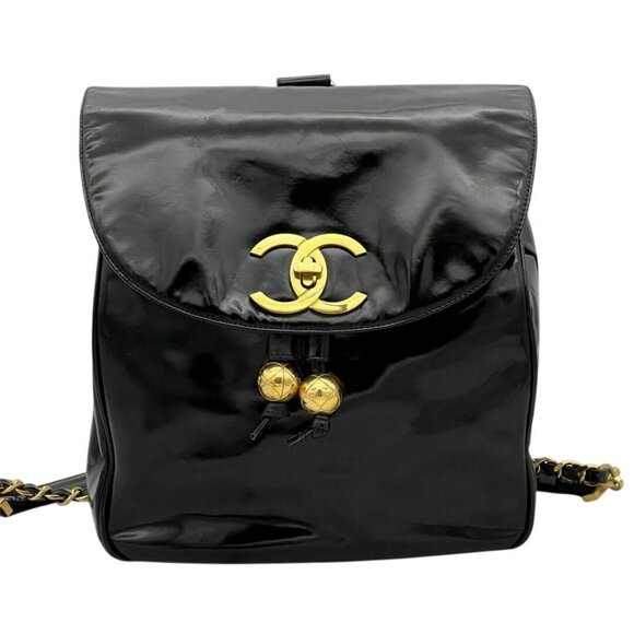 Authentic CHANEL Backpack Vintage Bag Patent Leather Black CC Turnlock Chain - Picture 1 of 10